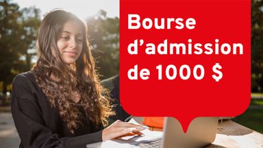 Femme avec ordinateur et blason bourse d'admission